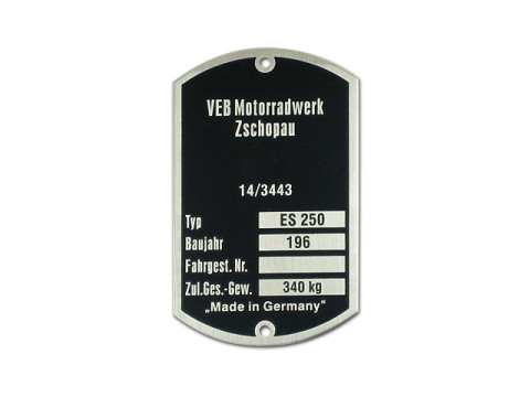 Typenschild ES250 "Made in Germany" (für Bj.196) Aluminium MZ ES250