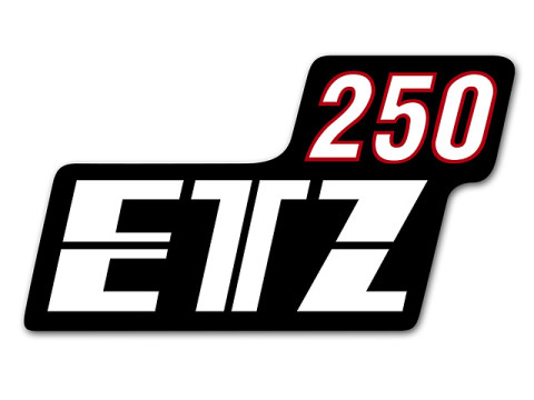 Schriftzug (Folie) "ETZ 250" für Seitendeckel schwarz / weiß / rot (schwarzer Rand) MZ ETZ250
