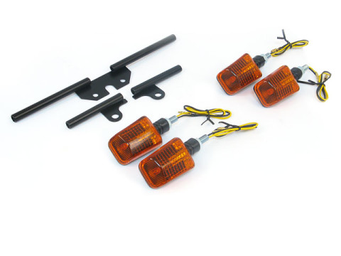 Satz - 4x Blinker Mini orange Rückteil schwarz + 3 x Blinkerträger schwarz MZ ETZ125, ETZ150, ETZ250 (mit E-Prüfzeichen)