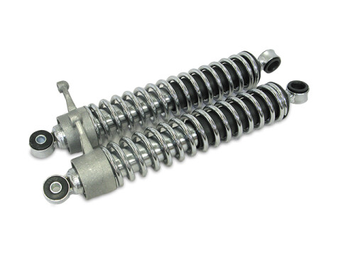 Federbeine hinten im Satz (links & rechts) 2-fach verstellbar (Abstand 360mm) Stoßdämpfer verchromt, Druckfeder verchromt (langer Verstellhebel) MZ ES, ETS, TS, ETZ