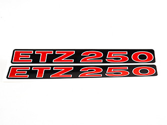 Satz - Schriftzug (Folie) "ETZ 250" für Seitendeckel schwarz / rot / weiß (schwarzer Rand) (2 teilig) MZ ETZ250