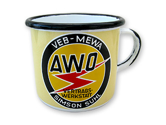 Tasse (Emaille) "VEB-MEWA AWO Vertragswerkstatt Simson Suhl"