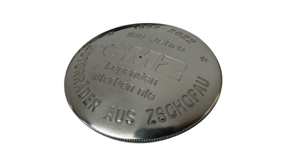 Tankdeckel Ø 60 mm „100 Jahre MZ“ Sonderedition poliert Aluminium MZ